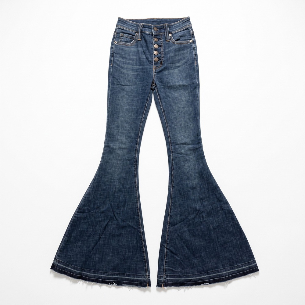 We The Free Womens 24 Blue Flare Jeans High Rise Button Fly Boho Vintage